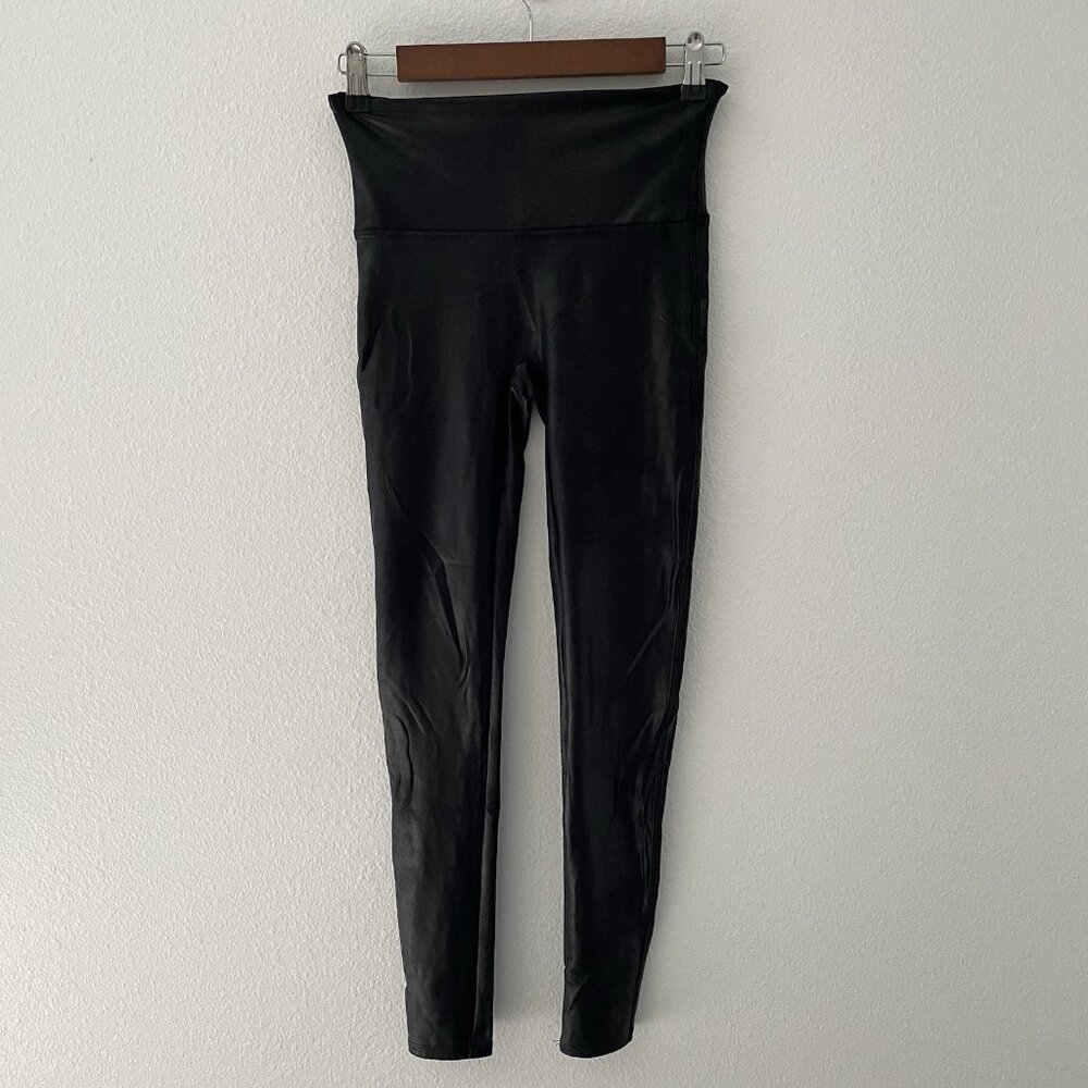 SPANX Womens High Rise Pull On Leggings Shiny Black SZ M Slimming Tummy Control
